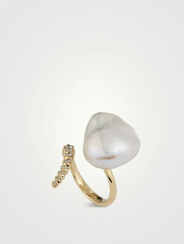 Sea Of Beauty Collection 14K Gold Open Multi Diamond And Baroque Pearl Ring