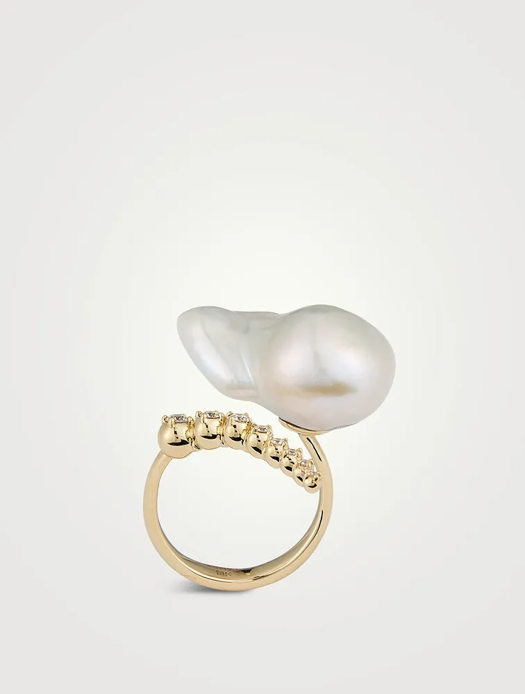 Sea Of Beauty Collection 14K Gold Open Multi Diamond And Baroque Pearl Ring