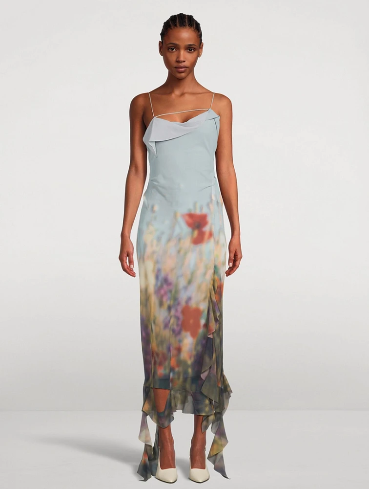 Ruffled Chiffon Maxi Dress Floral Print