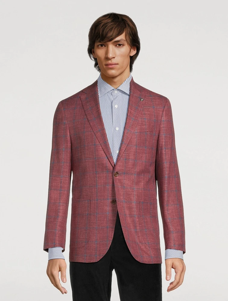 Hampton Wool Silk And Linen Stretch Jacket Windowpane Print