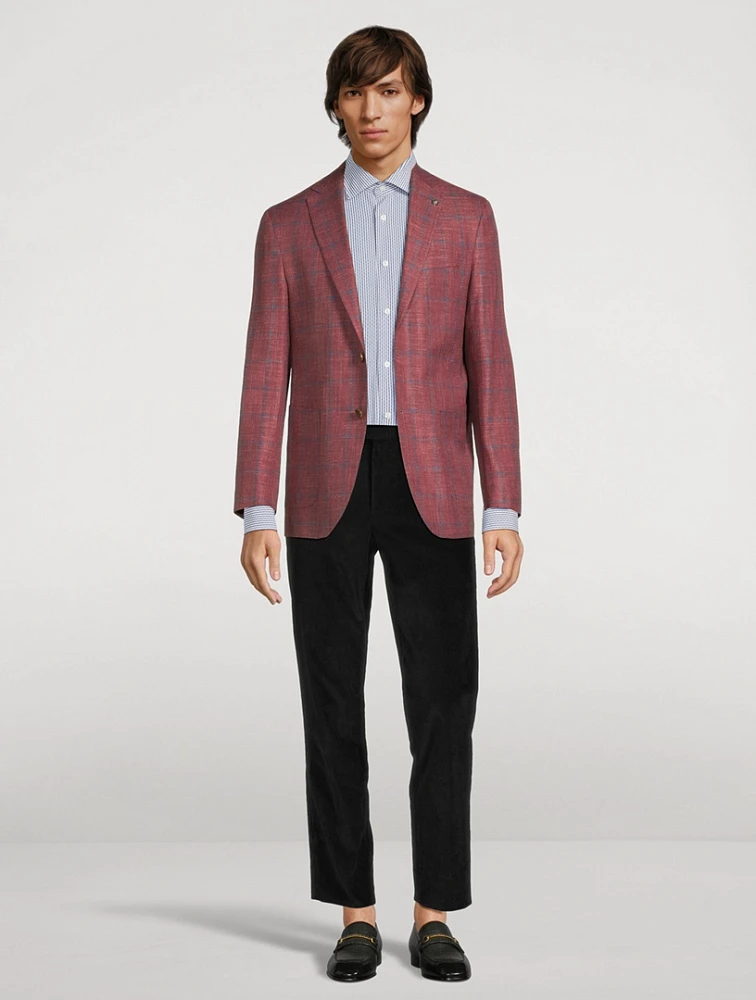 Hampton Wool Silk And Linen Stretch Jacket Windowpane Print