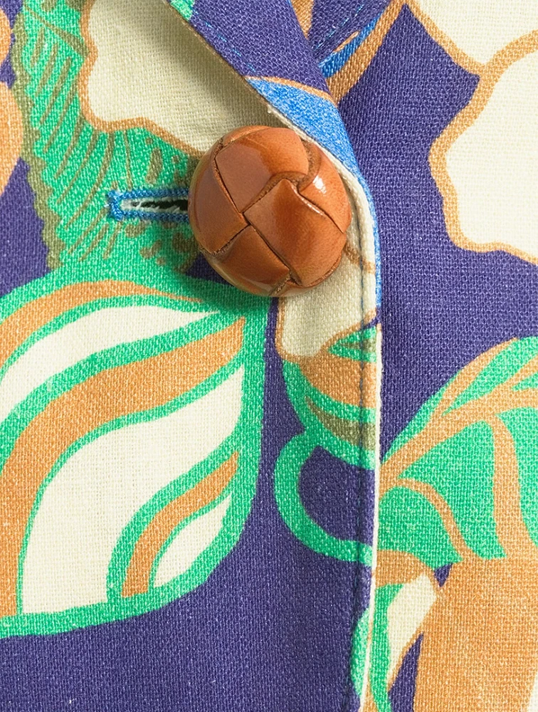 Linen-Blend Pouf-Sleeve One-Button Blazer