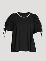 Embellished Tulle-Sleeve T-Shirt