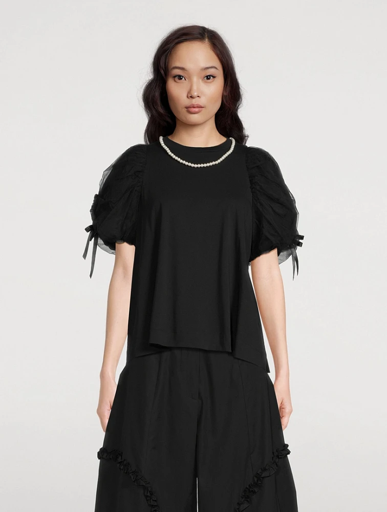 Embellished Tulle-Sleeve T-Shirt