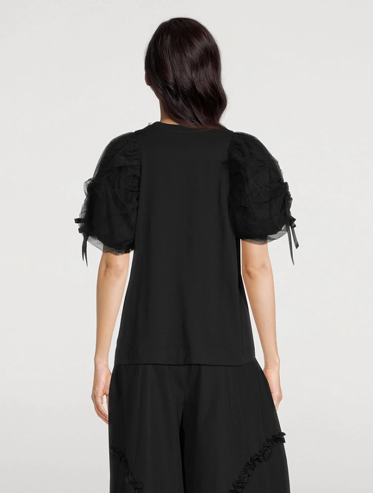 Embellished Tulle-Sleeve T-Shirt