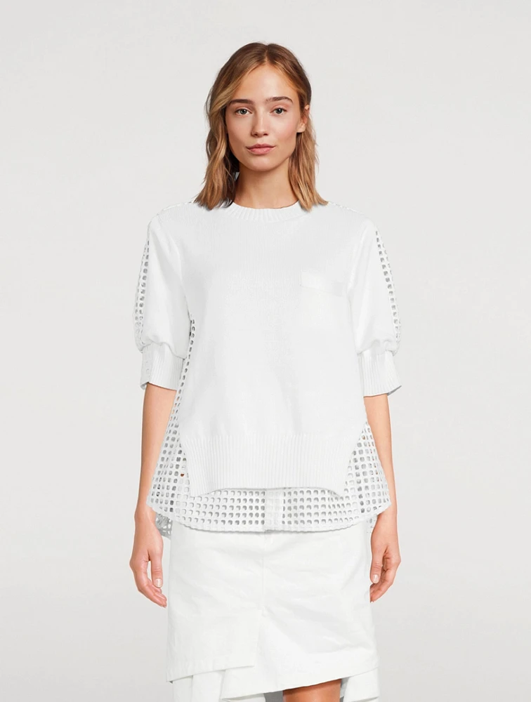 Perforated-Back Short-Sleeve Sweater