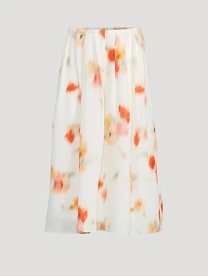 Chiffon Midi Skirt Blurred Poppy Print