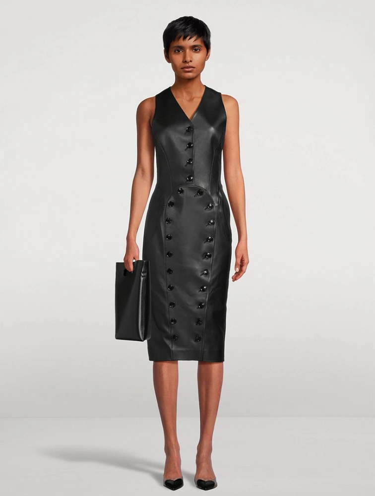 Button-Trimmed Leather Midi Dress