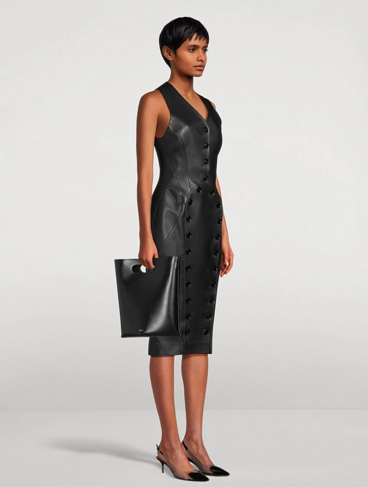 Button-Trimmed Leather Midi Dress