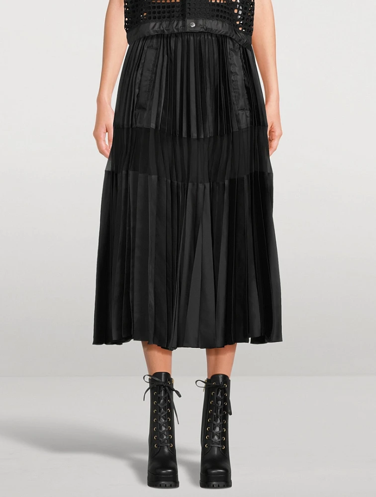 Pleated Nylon Twill Midi Skirt