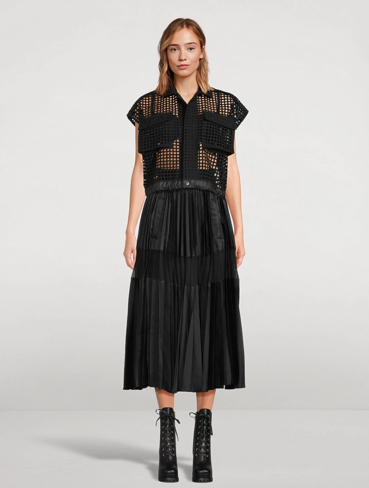 Pleated Nylon Twill Midi Skirt