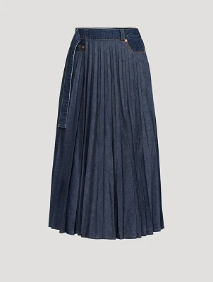 Pleated Denim Midi Skirt