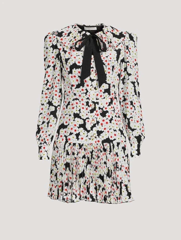 Daisy Print Silk Pleated Mini Dress