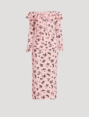 Rose Print Silk Off-The-Shoulder Midi Dress
