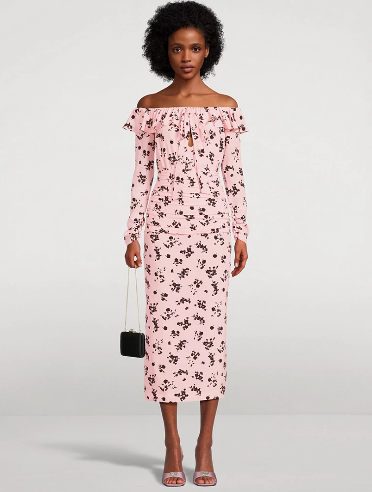 Rose Print Silk Off-The-Shoulder Midi Dress