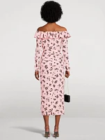 Rose Print Silk Off-The-Shoulder Midi Dress