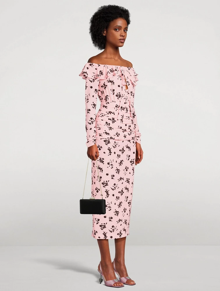 Rose Print Silk Off-The-Shoulder Midi Dress