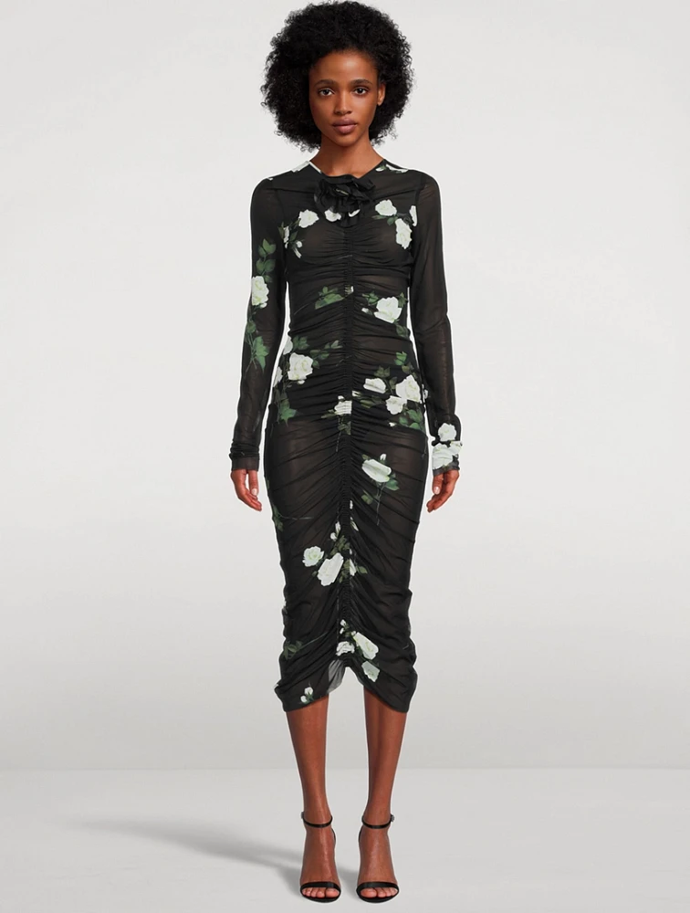 Ruched Midi Dress Floral Print