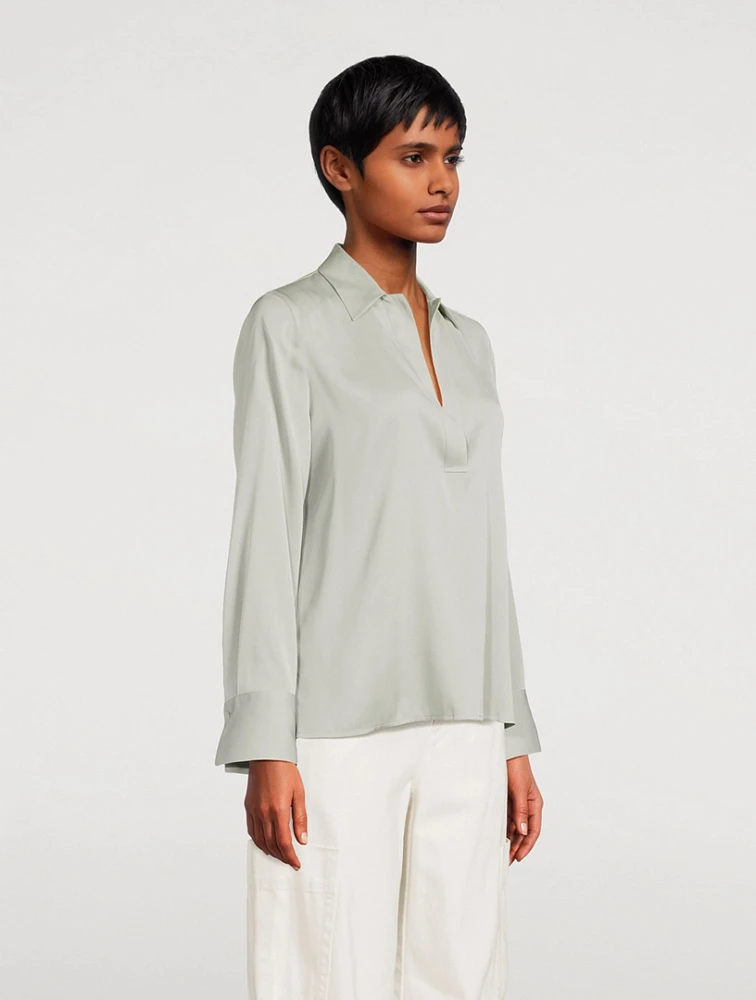 Stretch-Silk Polo Blouse