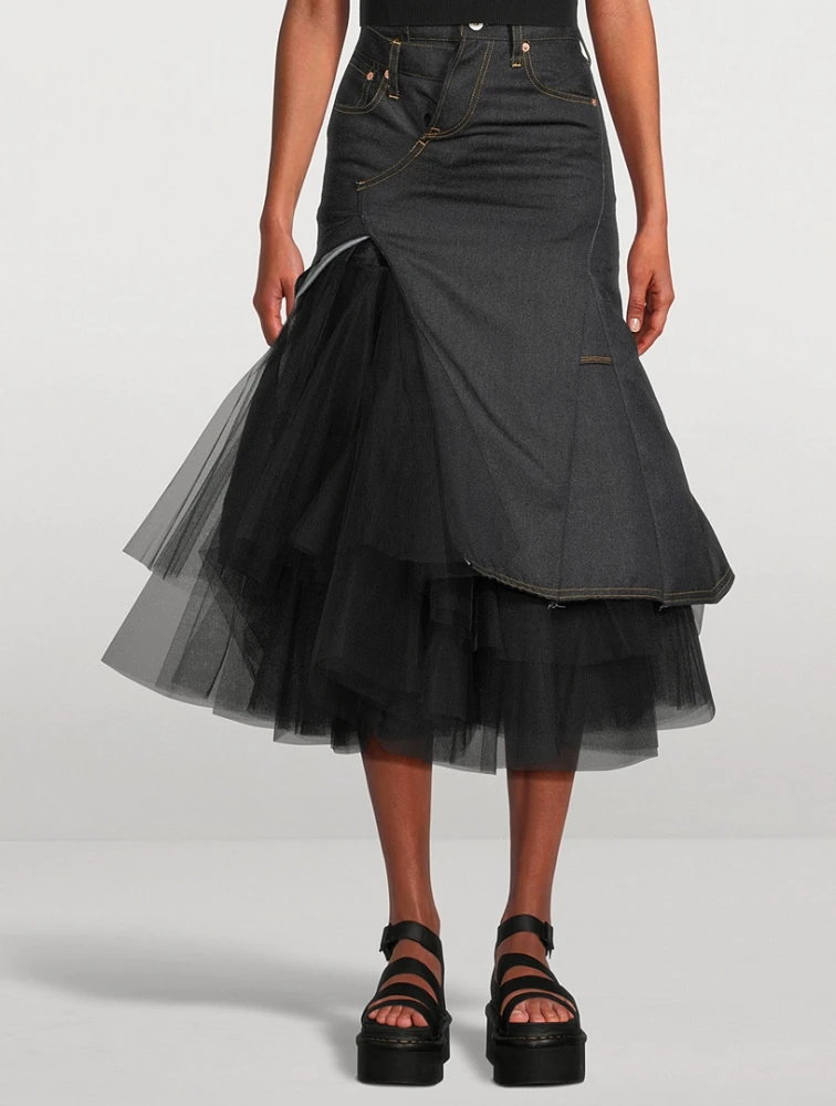 Tulle And Denim Midi Skirt