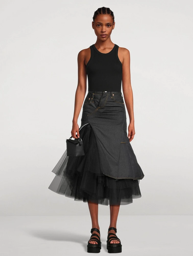 Tulle And Denim Midi Skirt