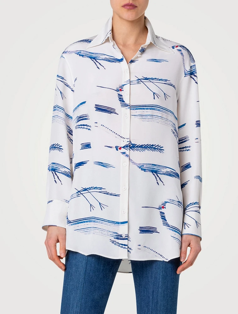 Silk Crêpe Shirt Kasuri Birds Print