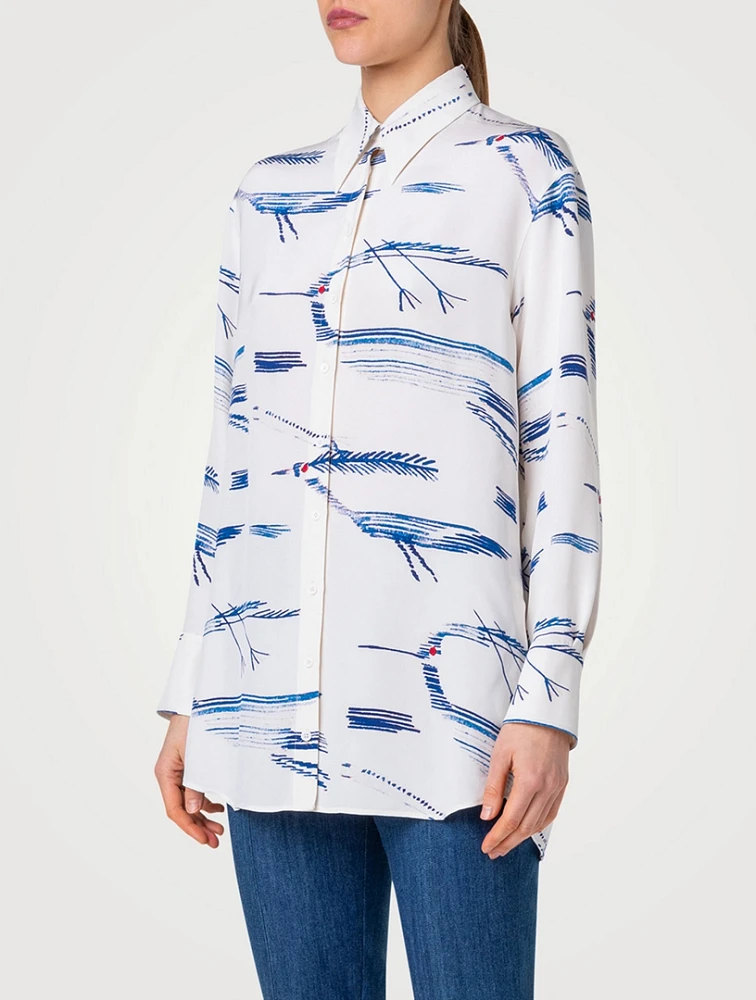 Silk Crêpe Shirt Kasuri Birds Print