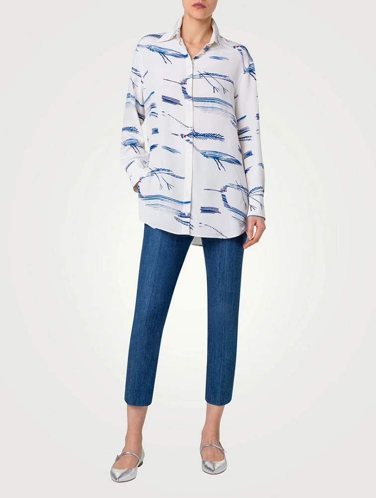 Silk Crêpe Shirt Kasuri Birds Print