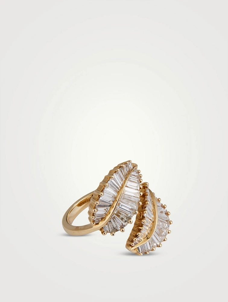 18K Gold Classic Palm Leaf Ring With Diamonds