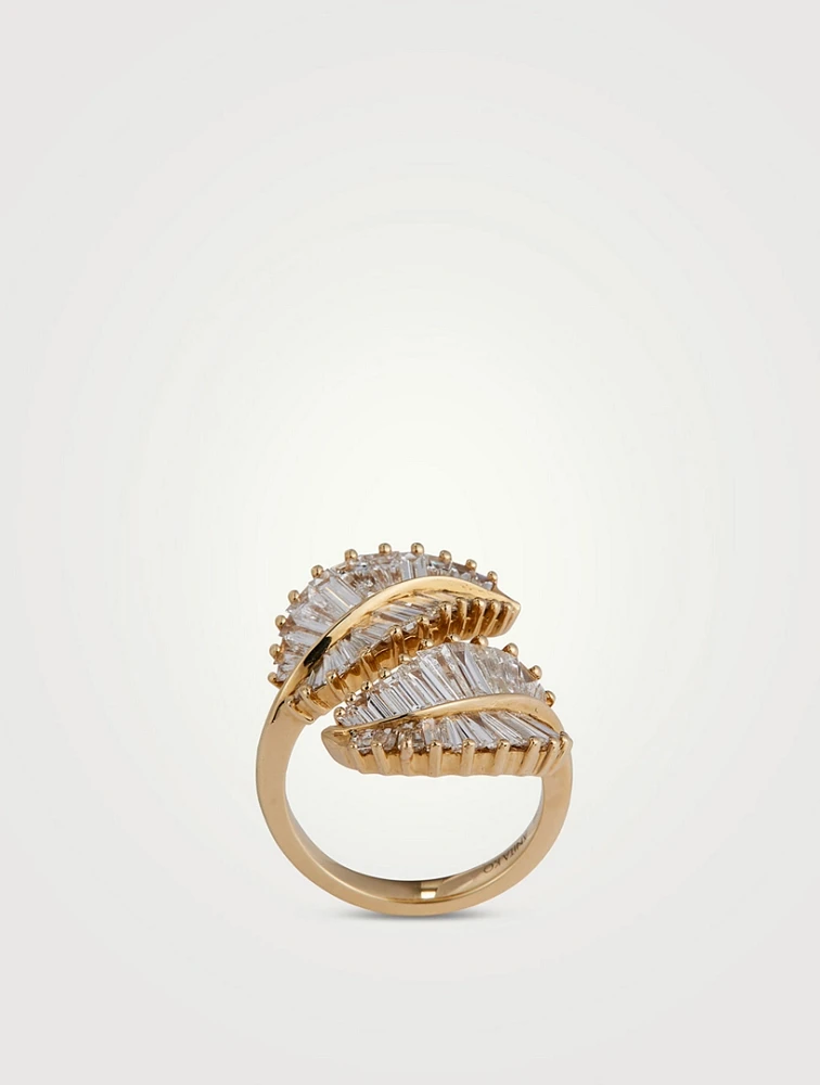 18K Gold Classic Palm Leaf Ring With Diamonds