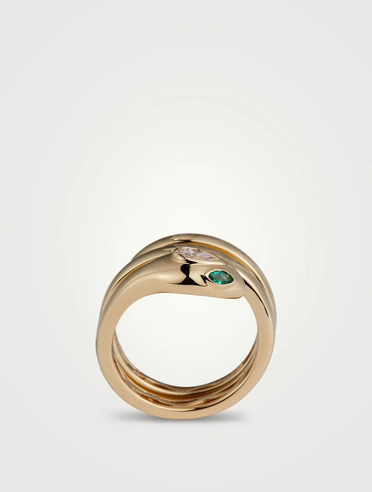 18K Gold Snake Pinky Coil Ring With Diamonds And Tsavorite