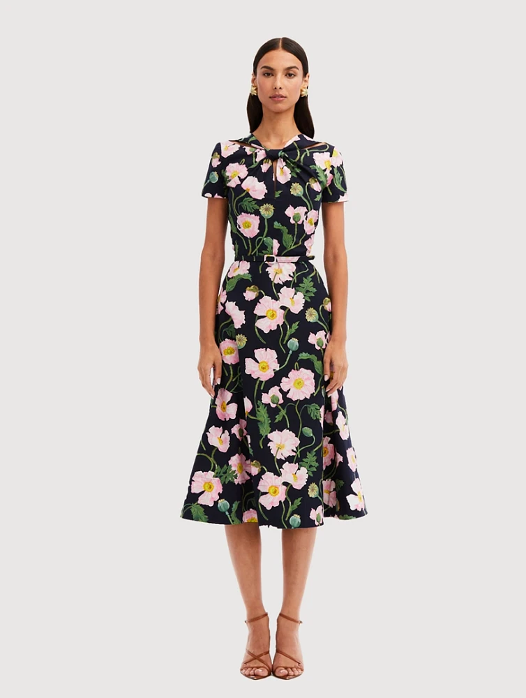 Twist-Neck Midi Dress Painted Poppies Print