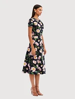 Twist-Neck Midi Dress Painted Poppies Print