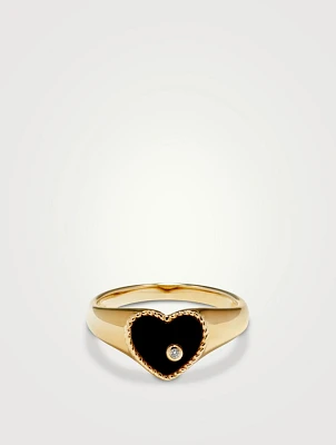 Baby Chevaliere 9K Gold Heart Ring With Onyx And Diamond