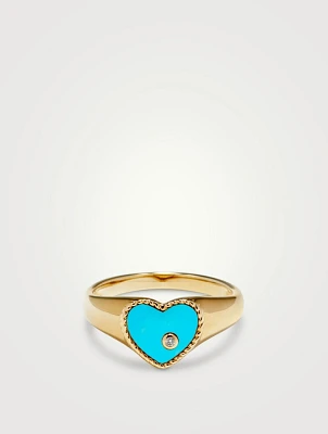 Baby Chevaliere 9K Gold Heart Ring With Turquoise And Diamond