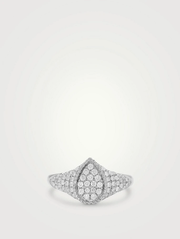 Baby Chevaliere 9K White Gold Pear Ring With Diamonds