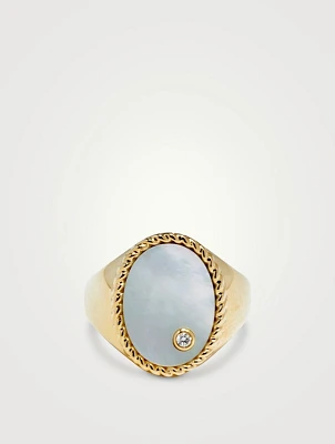 Chevaliere 9K Gold Oval Ring With Mother-Of-Pearl And Diamond