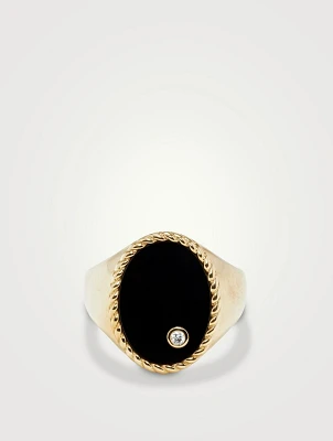 Chevaliere 9K Gold Oval Ring With Onyx And Diamond