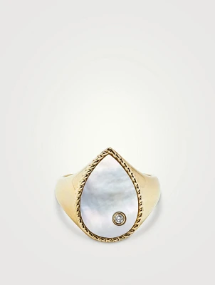 Chevaliere 9K Gold Pear Ring With Mother-Of-Pearl And Diamond