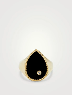 Chevaliere 9K Gold Pear Ring With Onyx And Diamond