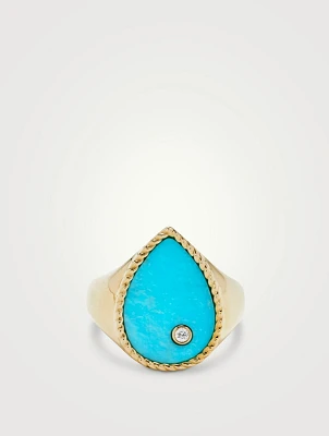 Chevaliere 9K Gold Pear Ring With Turquoise And Diamond