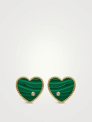 9K Gold Heart Stud Earrings With Malachite And Diamonds