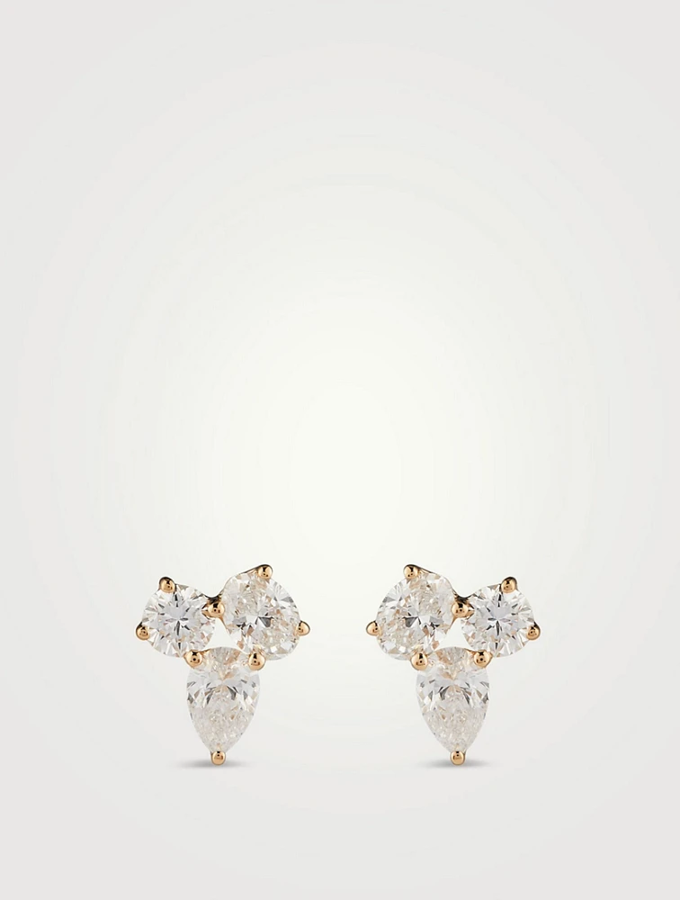 14K Gold Triple Diamond Cluster Stud Earrings