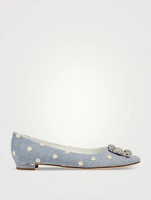 Hangisi Daisy-Embroidered Chambray Ballet Flats