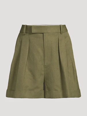 Pleated Cotton Linen Shorts