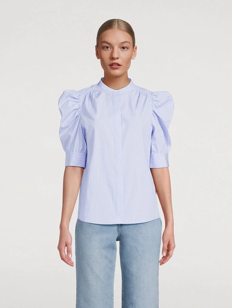 Cotton Ruched Puff-Sleeve Shirt