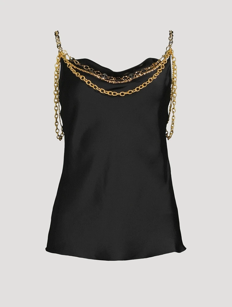 Chain-Trimmed Satin Tank Top