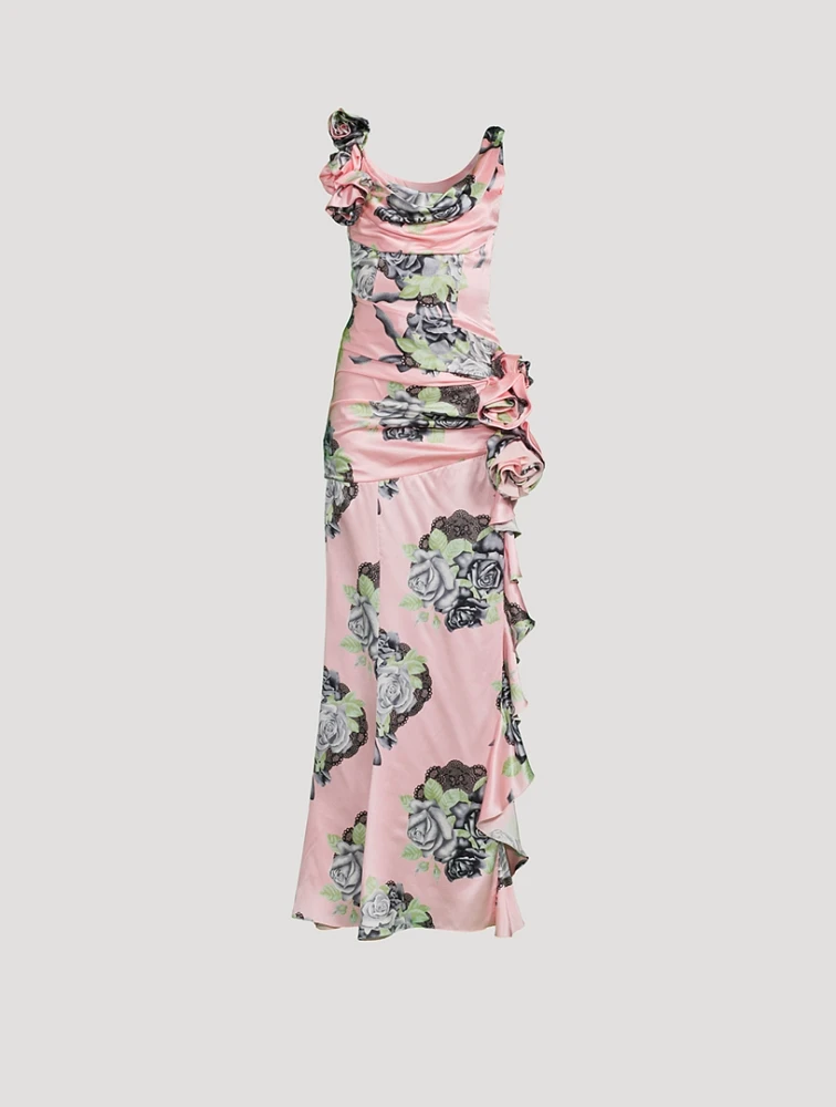 Silk Satin Evening Dress Rose Print