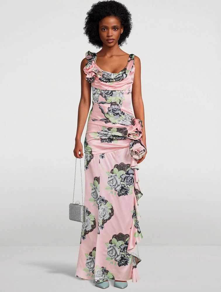 Silk Satin Evening Dress Rose Print