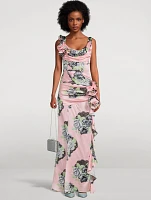 Silk Satin Evening Dress Rose Print